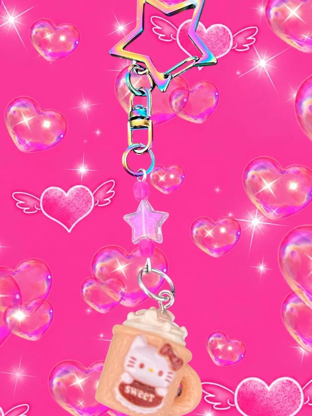 Hello Kitty Pink Star Mug Charm Keychain